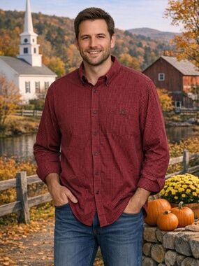 Orvis Mens Shirt XL Red/Black Mini Buffalo Check Button Down Classic Fit EUC